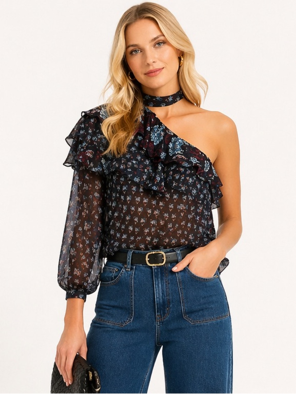 Veronica Beard Isla Blouse One-Shoulder Ruffle Floral Sheer Top in Black Size 10